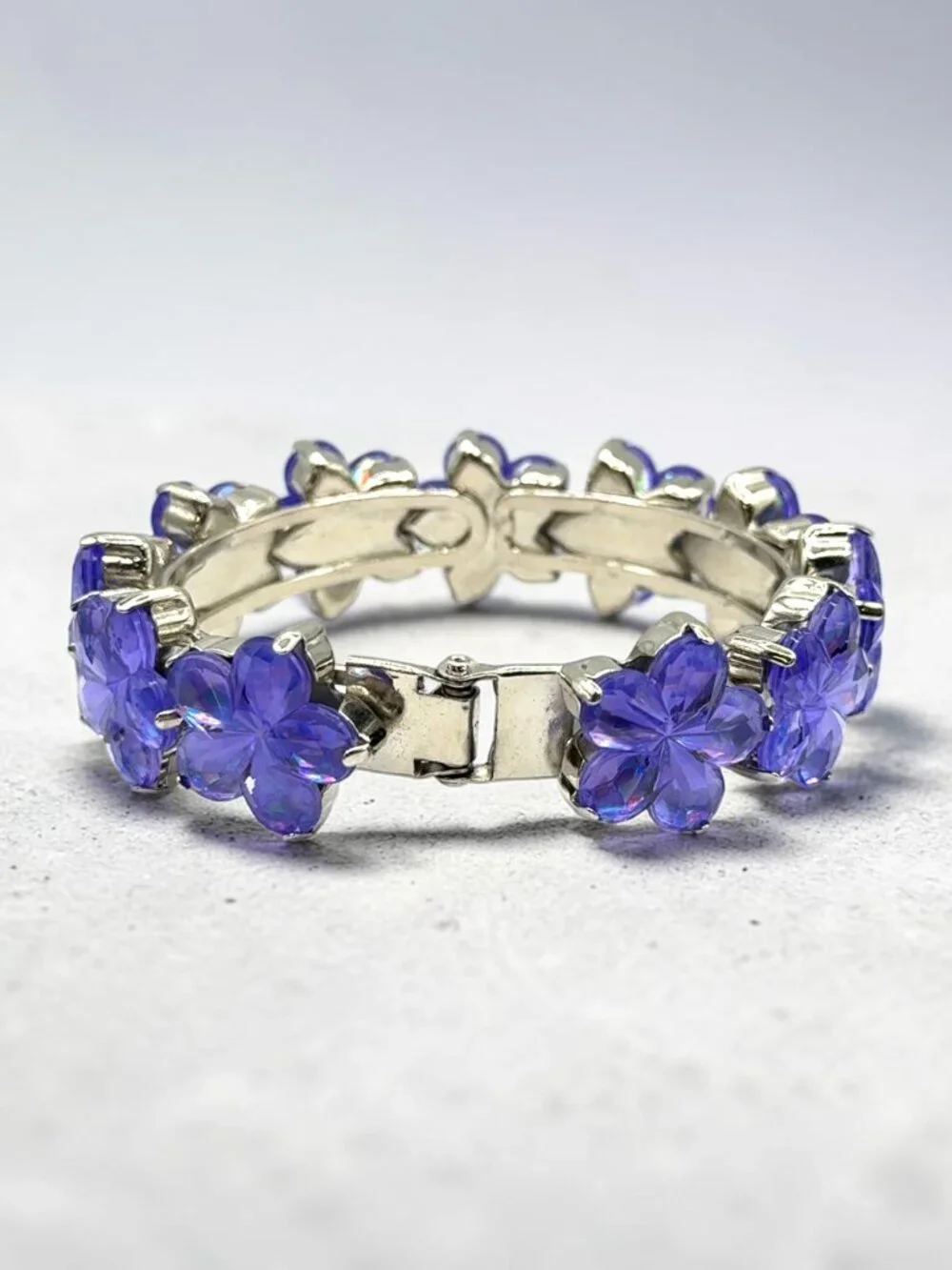 Purple Flower Hinged Bangle Bracelet
